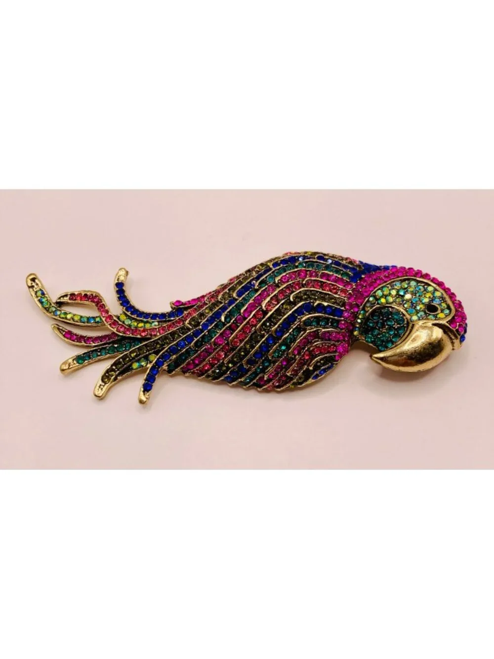 Colorful Rhinestone Parrot Brooch Pin Gold-Tone Metal -55B